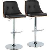 Gianna Adjustable Swivel Bar Stool in Chrome, Walnut Wood & Black Leatherette (Set of 2)